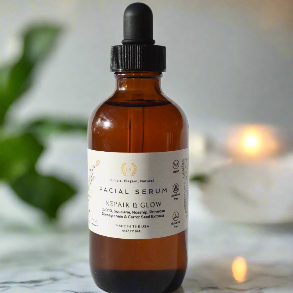 facial serum in 4oz bottle with argan oil, coQ0, Rosehip oil and botanical extracts